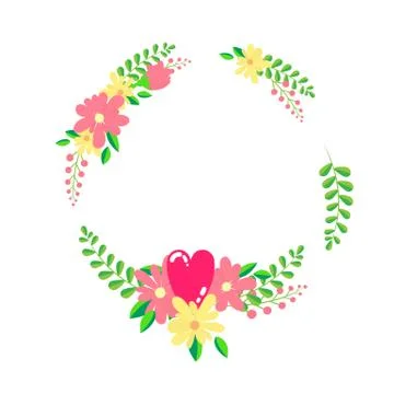 Floral wreath frame template in flat design style with wildflowers, heart and Stock Illustration