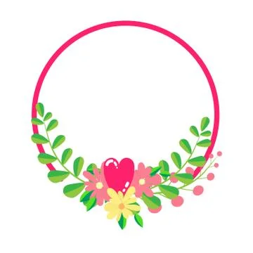 Floral wreath frame template in flat design style with wildflowers, heart and Stock Illustration