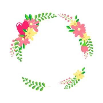 Floral wreath frame template in flat design style with wildflowers, heart and Stock Illustration