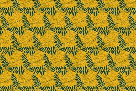 Floral yellow background. Leaves pattern. Blue leaves. Illustrazione stock