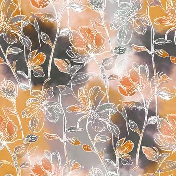 Floral,All,Over,Pattern,With,Blur,Wave,Effect,,Hand,Drown Stock Illustration
