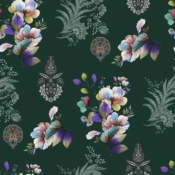 Floral,Seamless,Pattern,With,Abstract,Background.,Allover,Print,Design. Illustrazione stock