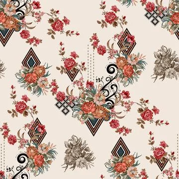 Floral,Seamless,Pattern,Design,With,Wgite,Background Stock Illustration