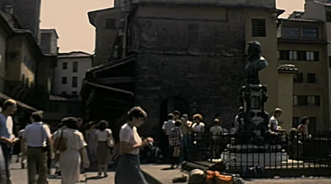 Florence 1979: people walking in Ponte Vecchio Stock Footage