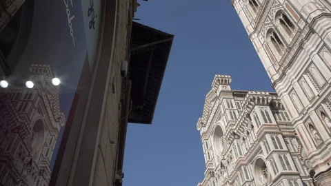 Florence Cathedral reflected in shop window, Duomo, Florence, Tuscany, Italy Stock Footage 129221564