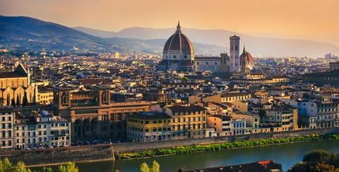 Florence from Michelangelo Square in the evening light in spring Stock Photos