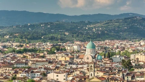 Florence. Panoramic view with The Great Synagogue of Florence (Tempio Maggiore) Stock Footage 76637174