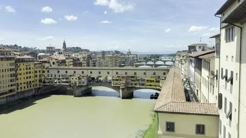 Florence Skyline with Ponte Vecchio and Arno River Horizontal Stock Footage 340353604