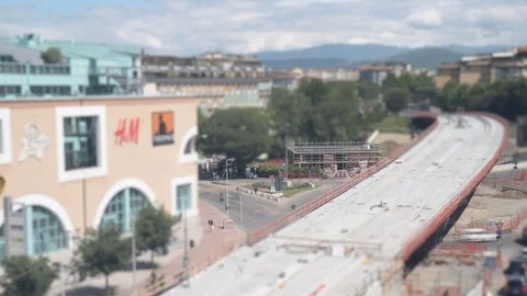 Florence view of tramway bridge in construction, tilt shift time lapse Stock Footage 75957732