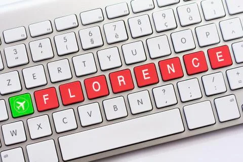 FLORENCE writing on white keyboard with a aircraft sketch Stock Photos