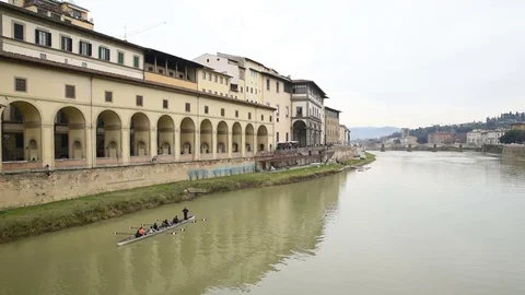 Florence,view of canoeists on river arno Stock Footage 85096144