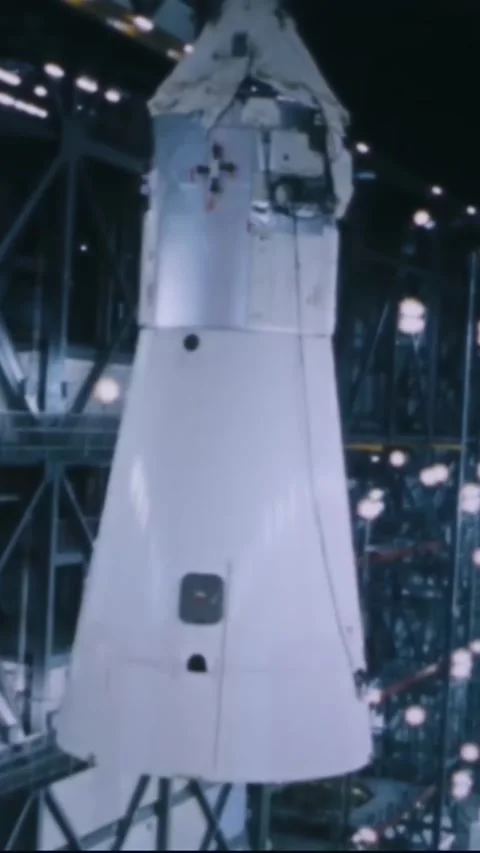 FLORIDA - 1967 - A command service module is hoisted across the KSC's Manned Stock Footage 342654956