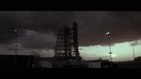 FLORIDA - 1969 - Distance view of the Saturn V rocket on its launch tower at Stock Footage 323087935