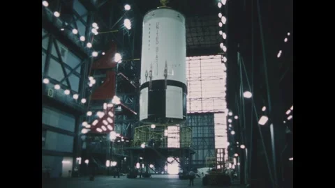 FLORIDA - 1969 - Low angle panorama of Apollo 13's S-II stage being hoisted Stock Footage 340652466