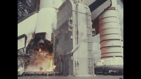FLORIDA - 1982 - Slow motion close-up of ignition on the STS-4's boosters at the Stock Footage 340582980