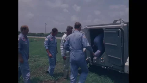 FLORIDA - 1983 - The flight crew of the Space Shuttle Challenger inspect a Stock Footage 327736093