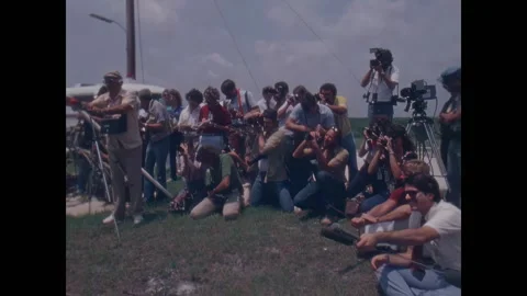 FLORIDA - 1983 - The flight crew of the Space Shuttle Challenger hosts a press Stock Footage 327740811