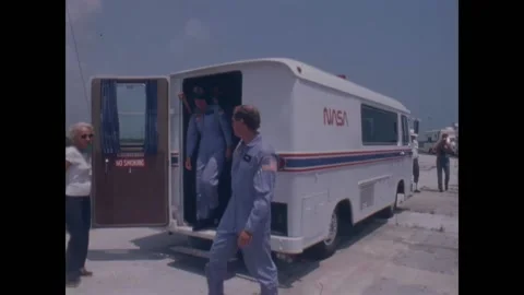 FLORIDA - 1983 - The flight crew of the Space Shuttle Challenger arrive on a Stock Footage 327749134