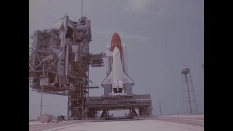 FLORIDA - 1984 - Distant views of the STS-41-D on its launch pad at the Kennedy Stock Footage 340661742