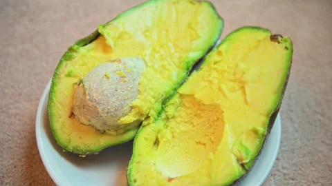 Florida avocado green fruit pit cut in half on white plate macro closeup Stock Footage 336780440