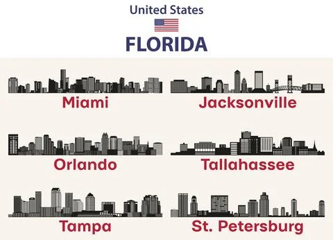 Florida cities skylines silhouettes vector set Stock Illustration