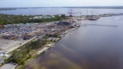 Florida Crane Construction aerial 5 approach descend Stock Footage 124696658