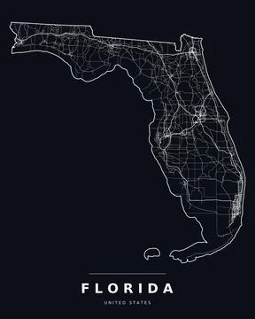 Florida FL Map Counties Highways Roads Dark Mode Editable Vector Stock Illustration