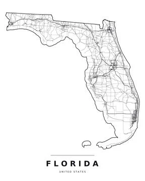 Florida FL Map Counties Highways Roads Black White Editable Vector Stock Illustration