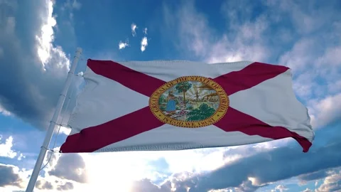 Florida flag on a flagpole waving in the wind in the sky. State of Florida in Stock Footage 141008341