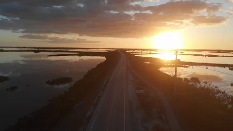 Florida Keys Sunrise from the drone Mavic AIR over US 1 road 4K Stock Footage