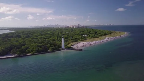 Florida Lighthouse with City of Miami in the Background Aerial Stock Footage 77529914