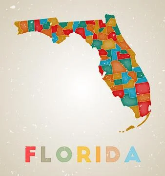 Florida map. Us state poster with colored regions. Old grunge texture. Vect.. Stock Illustration