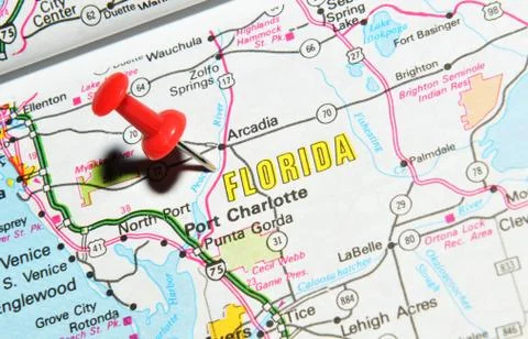 Florida marked with red pushpin on the map Stock Photos