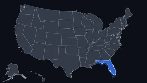 Florida Raised in 3D on US Election Map Red and Blue Highlight, Black Background Stock Illustration