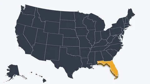 Florida Raised in 3D on US Election Map Teal and Amber Highlight, White Stock Illustration