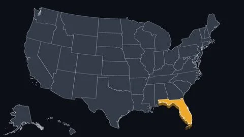 Florida Raised in 3D on US Election Map Teal and Amber Highlight, Black Stock Illustration