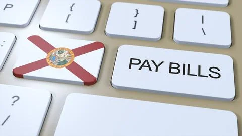 Florida State Flag and Pay Bills Text on Button 3D Illustration Illustrazione stock