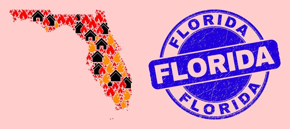 Florida State Map Collage of Fire and Homes and Distress Florida Stamp Ilustração Stock