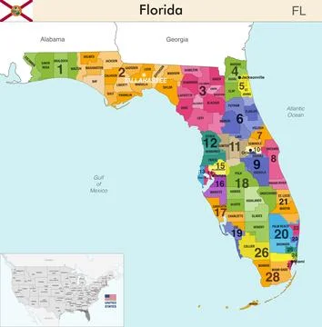 Florida state map with counties borders and congressional districts Stock Illustration