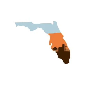 Florida State Shape with Farm at Sunset that has Windmill, Barn, and a Tree Stock Illustration