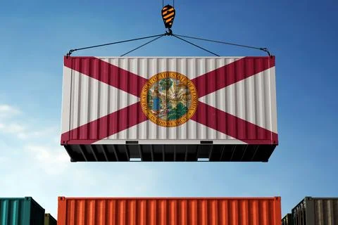 Florida trade cargo container hanging against clouds background Stock Photos