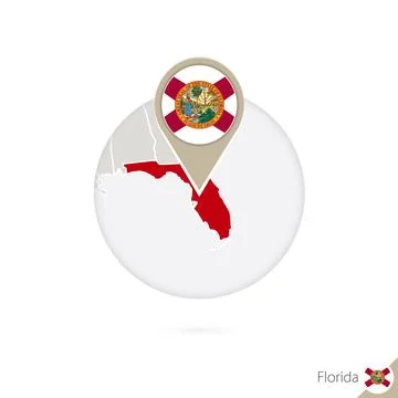 Florida US State map and flag in circle. Map of Florida, Florida flag pin. .. Stock Illustration