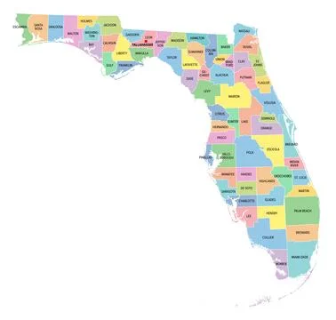 Florida, U.S. state, subdivided into 67 counties, multi colored map Stock Illustration