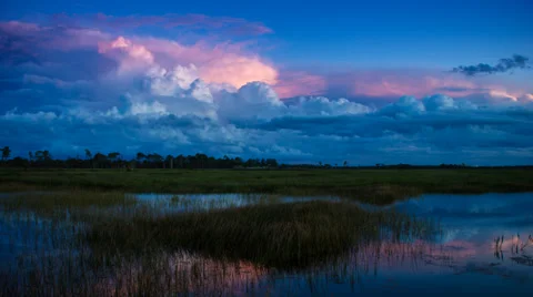 Florida Wetlands Moving Clouds After Sunset with Reflection from Water Stock Footage 42788307