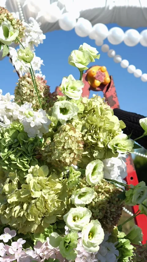 Florist adds eustoma flower to Elegant wedding arch on podium with fabric, beads Stock Footage 318932761