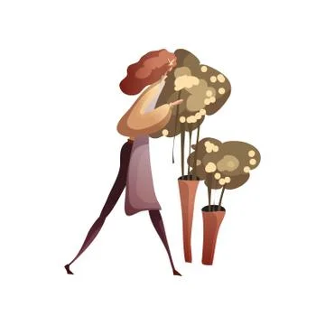 Florist caring for potted trees. Vector illustration on white background. Stock Illustration