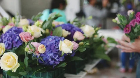Florist Decorates the Composition of Hydrangea in a Modern Style for Wedding Видео 70986348