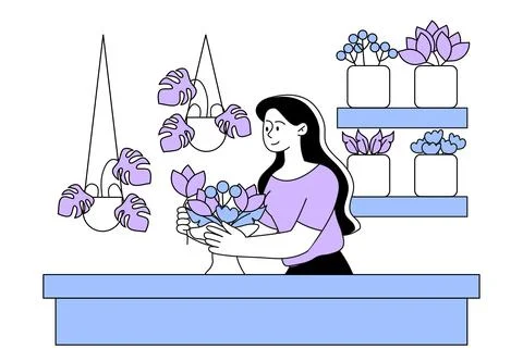 Florist in flower shop vector linear Stock Illustration