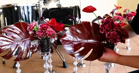 The Florist Hands Making A Decorative Composition In A Vase With Red Flowers, Stock-Footage 111789343