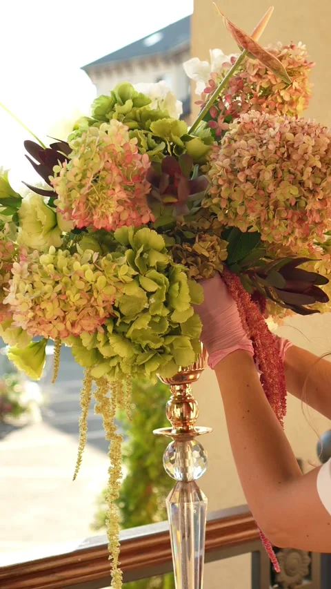 Florist inserts amaranth flower into wedding flower arrangement in ekibana for t Stock Footage 318922186